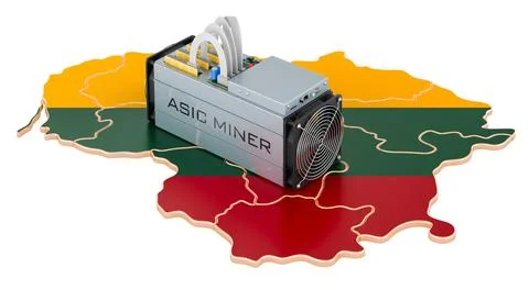 Mining in Lithuania, concept. ASIC miner with Lithuanian map. 3D rendering Stock Illustration