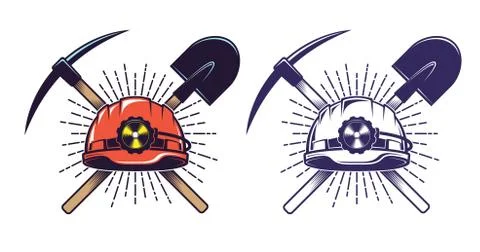 Mining logo with helmet pick and shovel in retro vintage style Stock Illustration