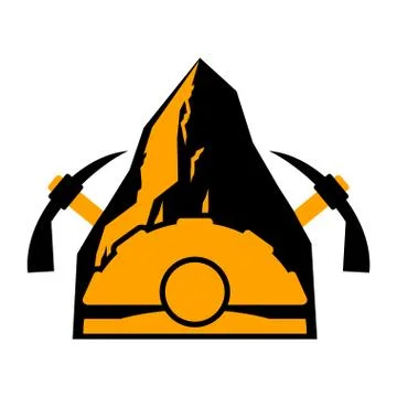 Mining logo. Meiner emblem. Helmet and pickaxe and Coal rock. Vector illustra Stock Illustration