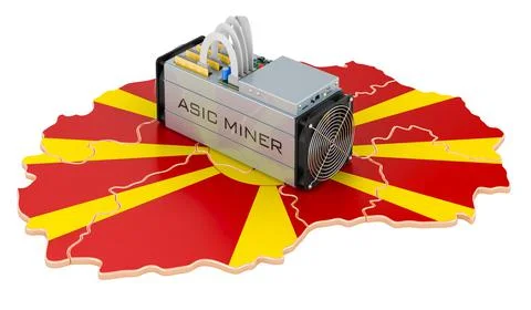 Mining in Macedonia, concept. ASIC miner with Macedonian map. 3D rendering Stock Illustration