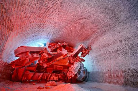 Mining machine cuts layers of mineral ore with saw in quarry Stock Photos