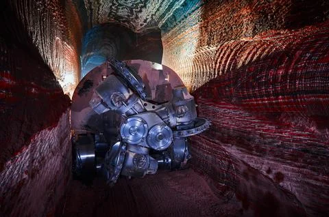 Mining machine cuts layers of mineral ore with saw in quarry Stock Photos