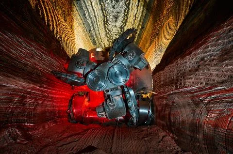 Mining machine with different saws in mineral quarry Stock Photos