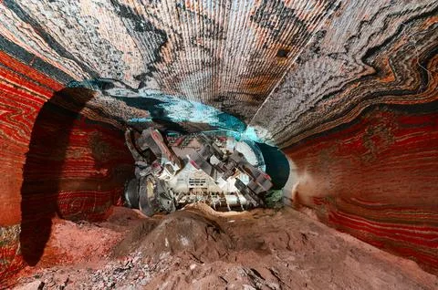 Mining machine with different saws in mineral quarry Stock Photos