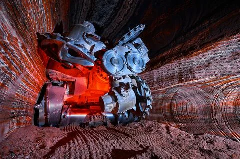 Mining machine with different saws in mineral quarry Stock Photos