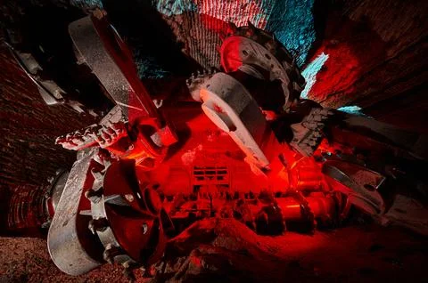 Mining machine with different saws in mineral quarry Foto stock