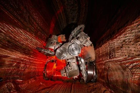 Mining machine with different saws in mineral quarry Stock Photos