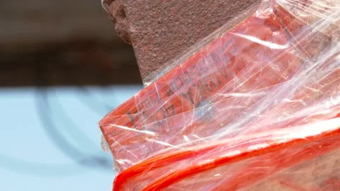 Mining of a metal structure with a red dynamite block TNT with the inscription 스톡 동영상 138831815