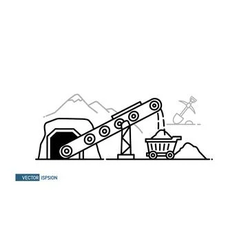 Mining operations with conveyor belt, cart, mountains and tools icon design 스톡 일러스트