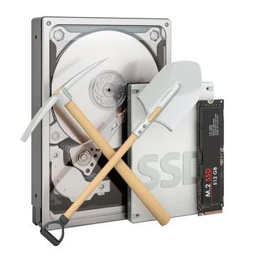 Mining or farming concept. Solid state drive SSD, Hard Disk Drive HDD and M2  Ilustración de archivo