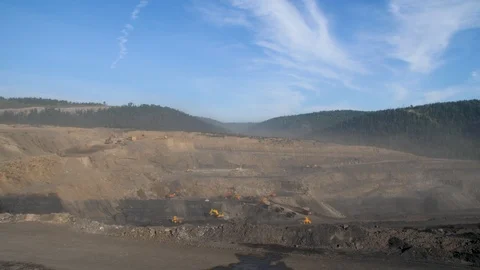 Mining panorama, open pit mine, coal mining, dumpers, quarrying extractive Stock Footage 95063871