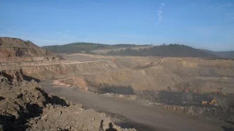 Mining panorama, open pit mine, coal mining, dumpers, quarrying extractive Stock Footage 95063945