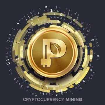 Mining Peercoin Cryptocurrency Vector. Golden Coin, Digital Stream. Futuristic Stock Illustration