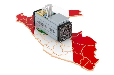 Mining in Peru, concept. ASIC miner with Peruvian map. 3D rendering Illustrazione stock