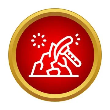 Mining pickaxe hitting rock icon on red background Stock Illustration