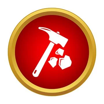 Mining pickaxe hitting rocks icon in red circle Stock Illustration