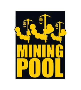Mining pool logo. Extraction of Bitcoin Crypto Currencies. Worker with pickax Stock Illustration