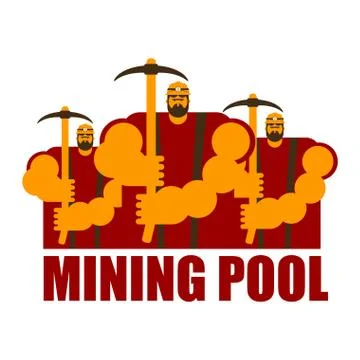 Mining pool logo. Extraction of Bitcoin Crypto Currencies. Worker with pickax Illustrazione stock