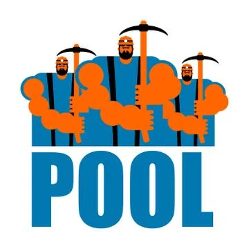 Mining pool logo. Extraction of Bitcoin Crypto Currencies. Worker with pickax イラスト素材