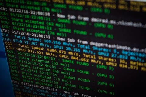 Mining process of cryptocurrencyon screen of a pc by the GPUs. Displays curre Stock Photos