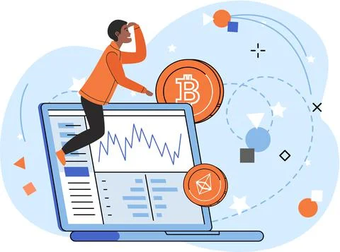 Mining program, cryptocurrency rate change. Trading platform, marketplace for Ilustración de archivo