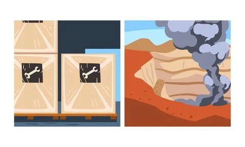 Mining quarry and boxes with metal products. Metallurgical industry, steel and Illustrazione stock