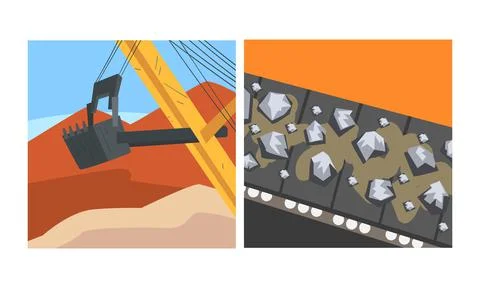 Mining quarry with extractive machinery and ore production line. Metallurgical Illustrazione stock