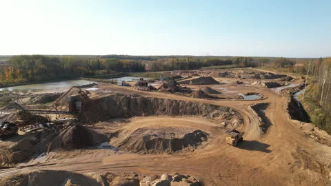Mining Quarry with Heavy Machinery and Sand Extraction Operations. Drone footage Stock Footage 290043604