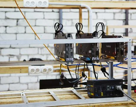 Mining rig machine for cryptocurrency using powerful computer graphic cards Stock Photos