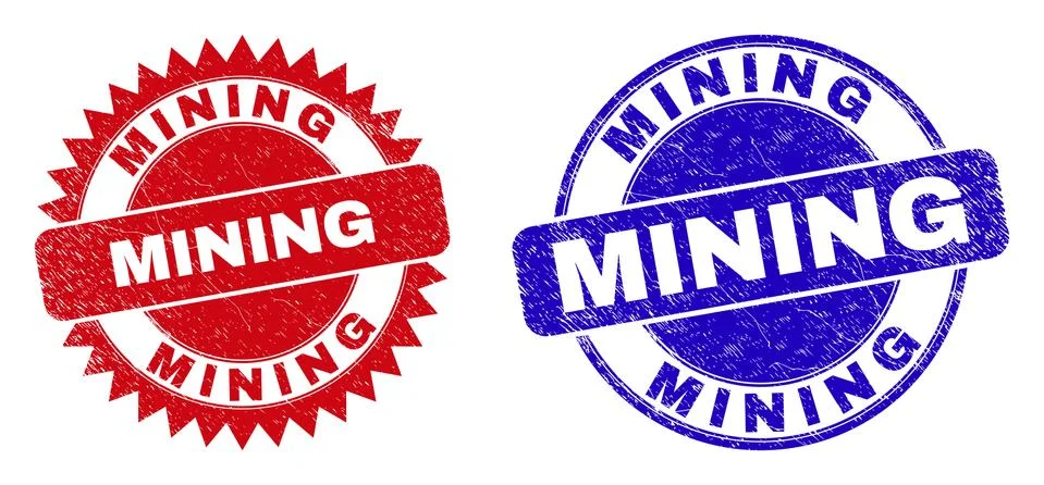 MINING Rounded and Rosette Stamp Seals with Grunged Texture Illustrazione stock