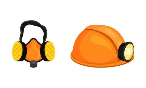 Mining Safety Equipment with Hard Hat with Flashlight and Ear Protection Vector Illustrazione stock
