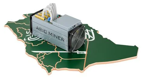 Mining in Saudi Arabia, concept. ASIC miner with Saudi Arabian map. 3D render Stock Illustration