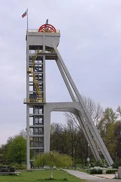 Mining shaft, hoisting tower of the closed coal mine in Chorzów, Poland. Stock Photos