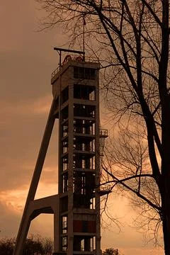 Mining shaft, hoisting tower of the closed coal mine in Chorzów, Poland. Stock Photos