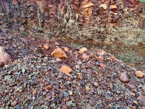 Mining site hill cut down to extract minerals from the Earth Stock Photos