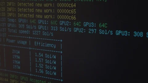Mining software displaying progress of crypto currency mining rig on pc scree Vídeos de archivo 102471772
