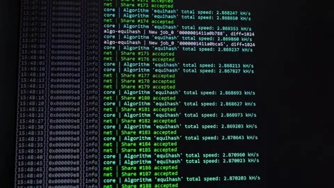 Mining software interface scrolling through cryptocurrency hash rates and s.. 스톡 동영상 337548578