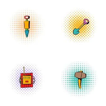 Mining tools and construction equipment comic style icons Stock Illustration