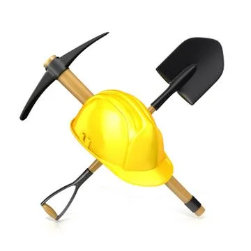 Mining tools, shovel, pickaxe and safety helmet. 3D Stock Illustration