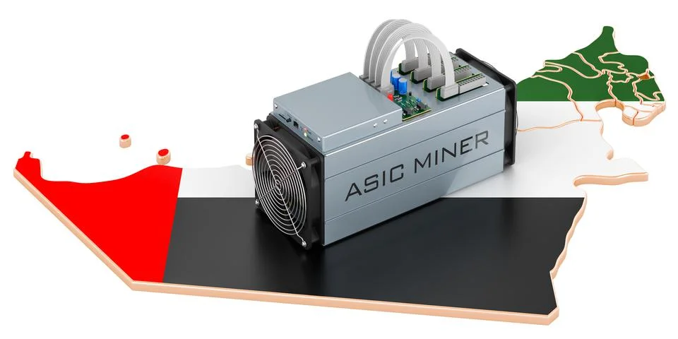 Mining in the UAE, concept. ASIC miner with the United Arab Emirates map. 3D  Stock Illustration