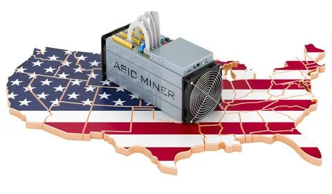 Mining in the USA, concept. ASIC miner with The United States map. 3D renderi Stock Illustration