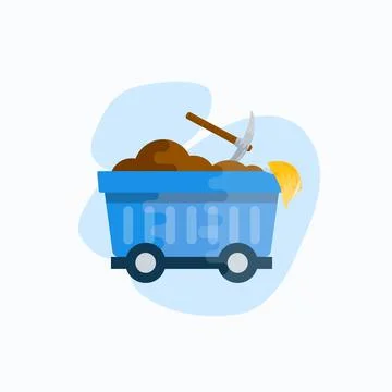 Mining vector icon. Flat style cart with ore rocks, pickaxe and yellow hardhat Stock Illustration