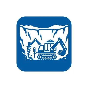 Mining vehicle icon blue square background for industrial extraction app de.. Illustrazione stock