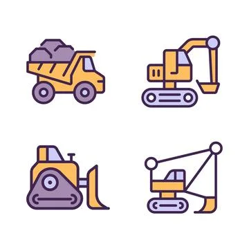 Mining vehicles pixel perfect RGB color icons set Stock-Illustration