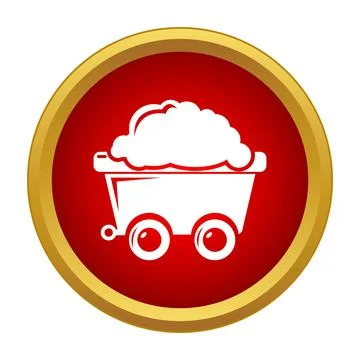 Mining wagon icon carrying coal on red gold button 스톡 일러스트