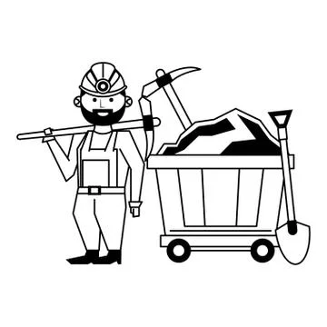 Mining worker with picks and shovel in train carrier in black and white 스톡 일러스트
