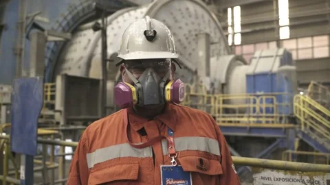 Mining Worker Wearing Respirator Inside El Teniente Processing Plant Stock Footage 339378275