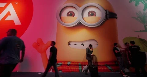 Minion featured at Electronic Arts booth at E3 2015 expo in LA Convention Center Stock Footage 82845664