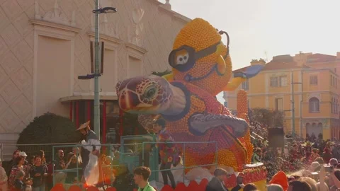 Minion themed float at Fête du Citron Parade in Menton, France Description Stock Footage 331768279