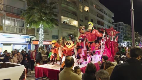 Minions Float in Three Kings Day Parade at Night in Spain Stock Footage 327526219